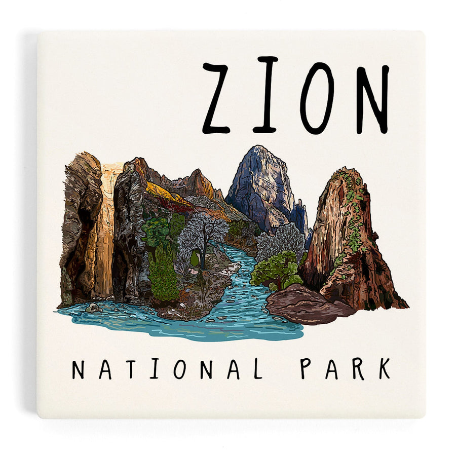 Zion National Park, Utah, Line Drawing, Coasters Coasters Lantern Press 