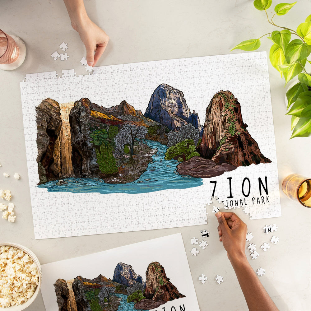 Zion National Park, Utah, Line Drawing, Jigsaw Puzzle Puzzle Lantern Press 