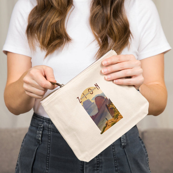 Zion National Park, Utah, Lithograph,, Organic Cotton Zipper Pouch, Go Bag Go Bag Lantern Press 