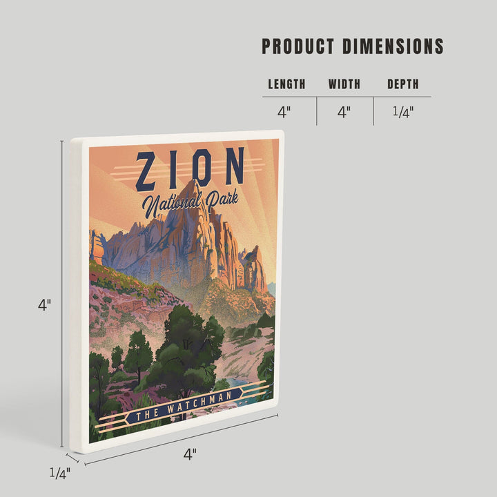 Zion National Park, Utah, Lithograph, The Watchman, Coasters Coasters Lantern Press 