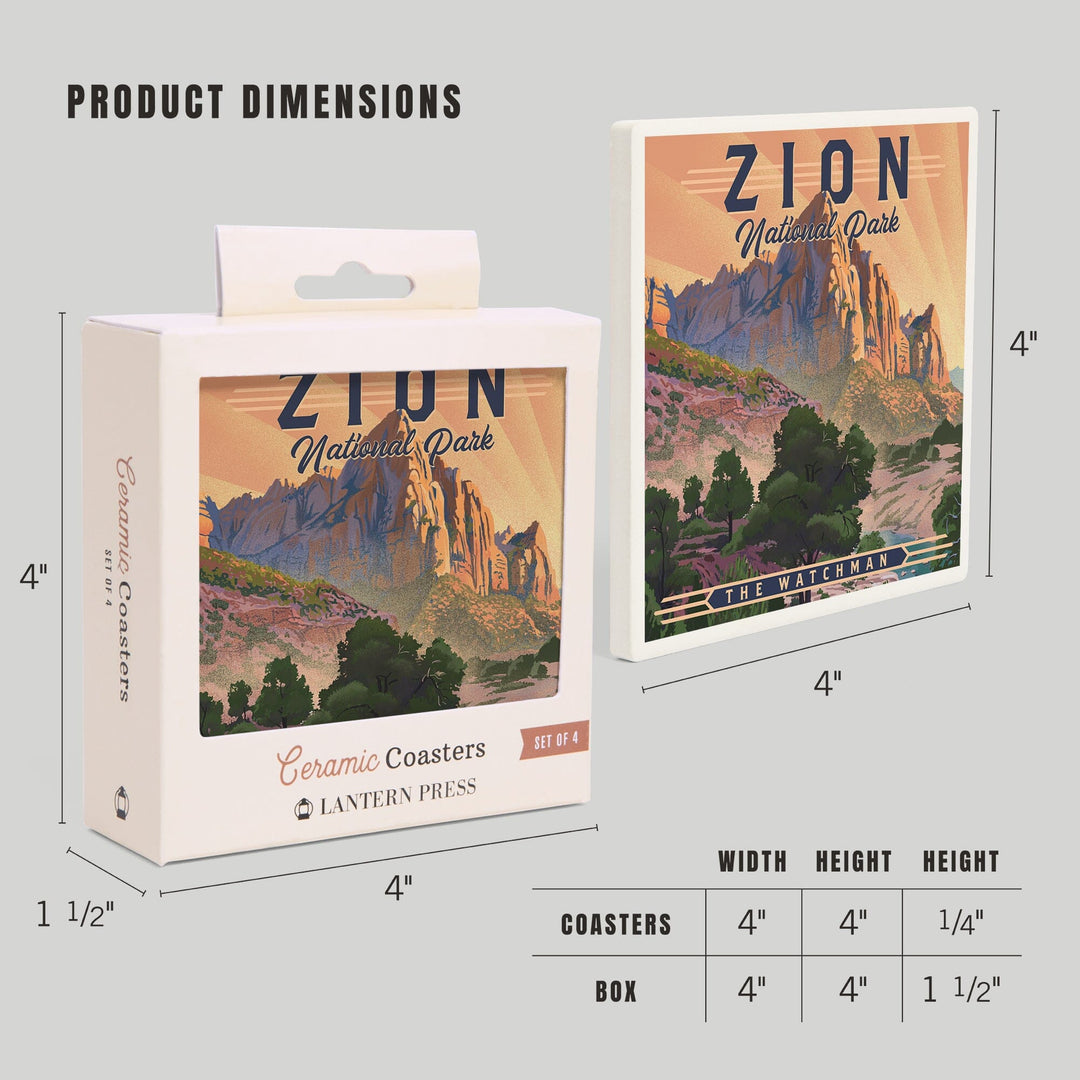 Zion National Park, Utah, Lithograph, The Watchman, Coasters Coasters Lantern Press 