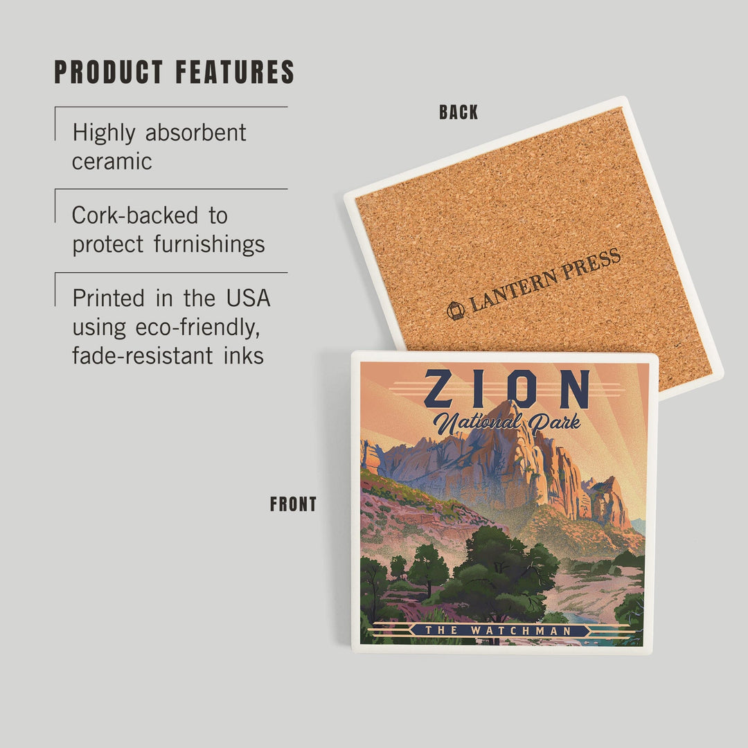 Zion National Park, Utah, Lithograph, The Watchman, Coasters Coasters Lantern Press 