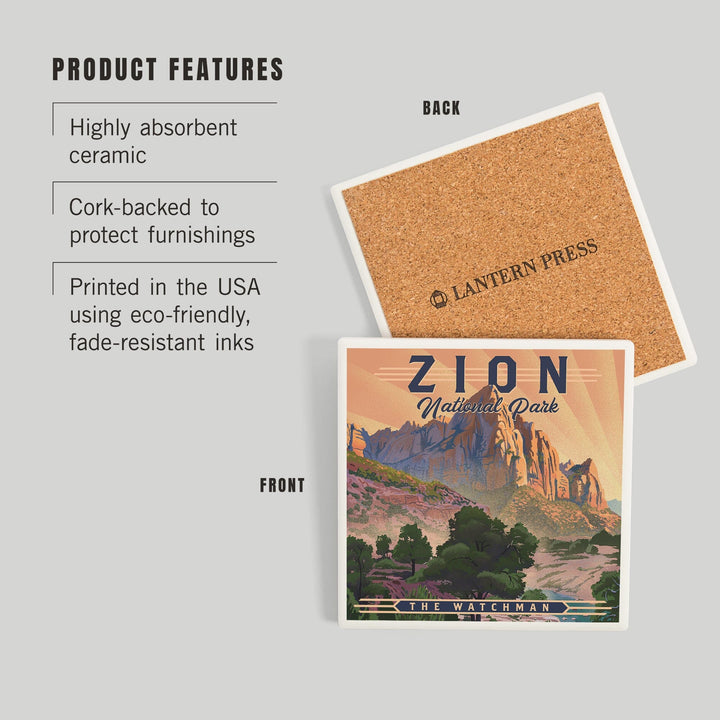 Zion National Park, Utah, Lithograph, The Watchman, Coasters Coasters Lantern Press 