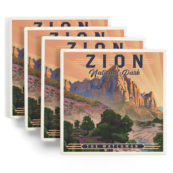 Zion National Park, Utah, Lithograph, The Watchman, Coasters Coasters Lantern Press 