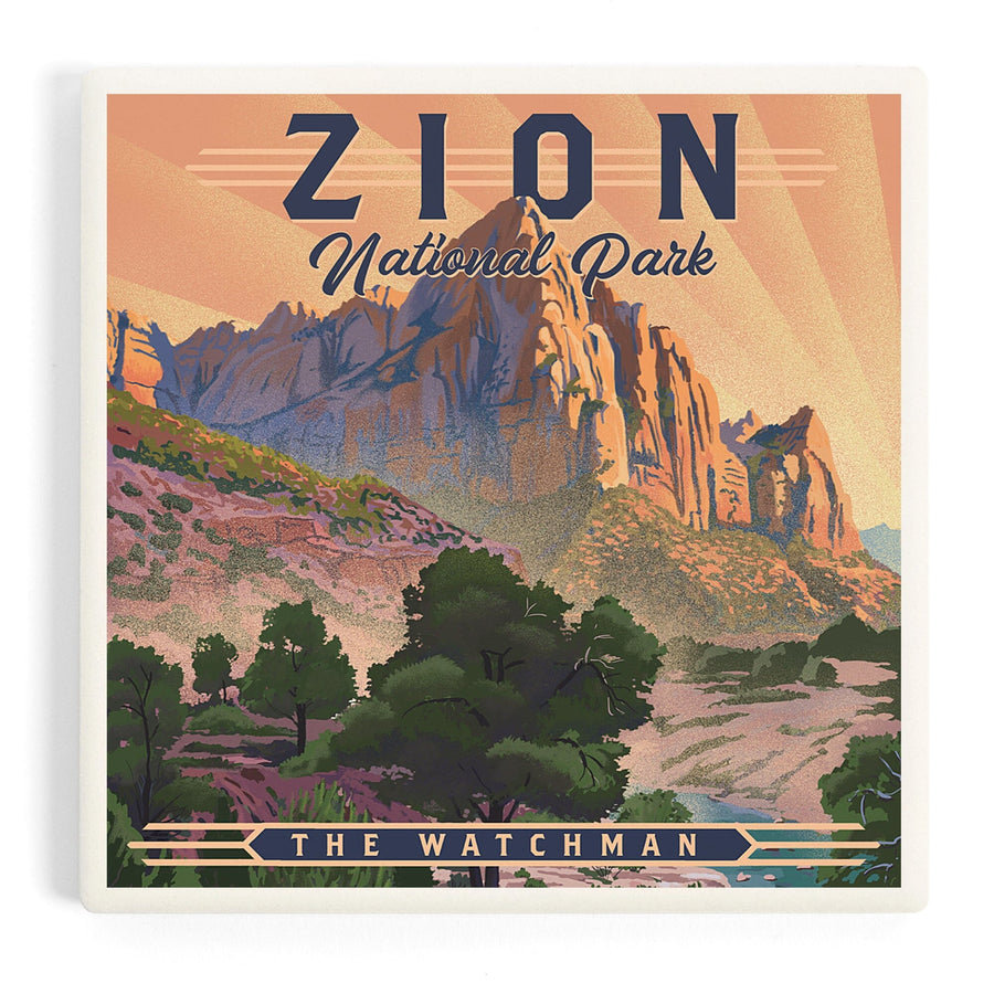 Zion National Park, Utah, Lithograph, The Watchman, Coasters Coasters Lantern Press 
