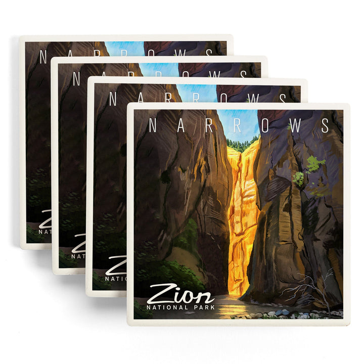 Zion National Park, Utah, Narrows, Namedrop, Oil Painting, Lantern Press Artwork, Coaster Set Coasters Lantern Press 