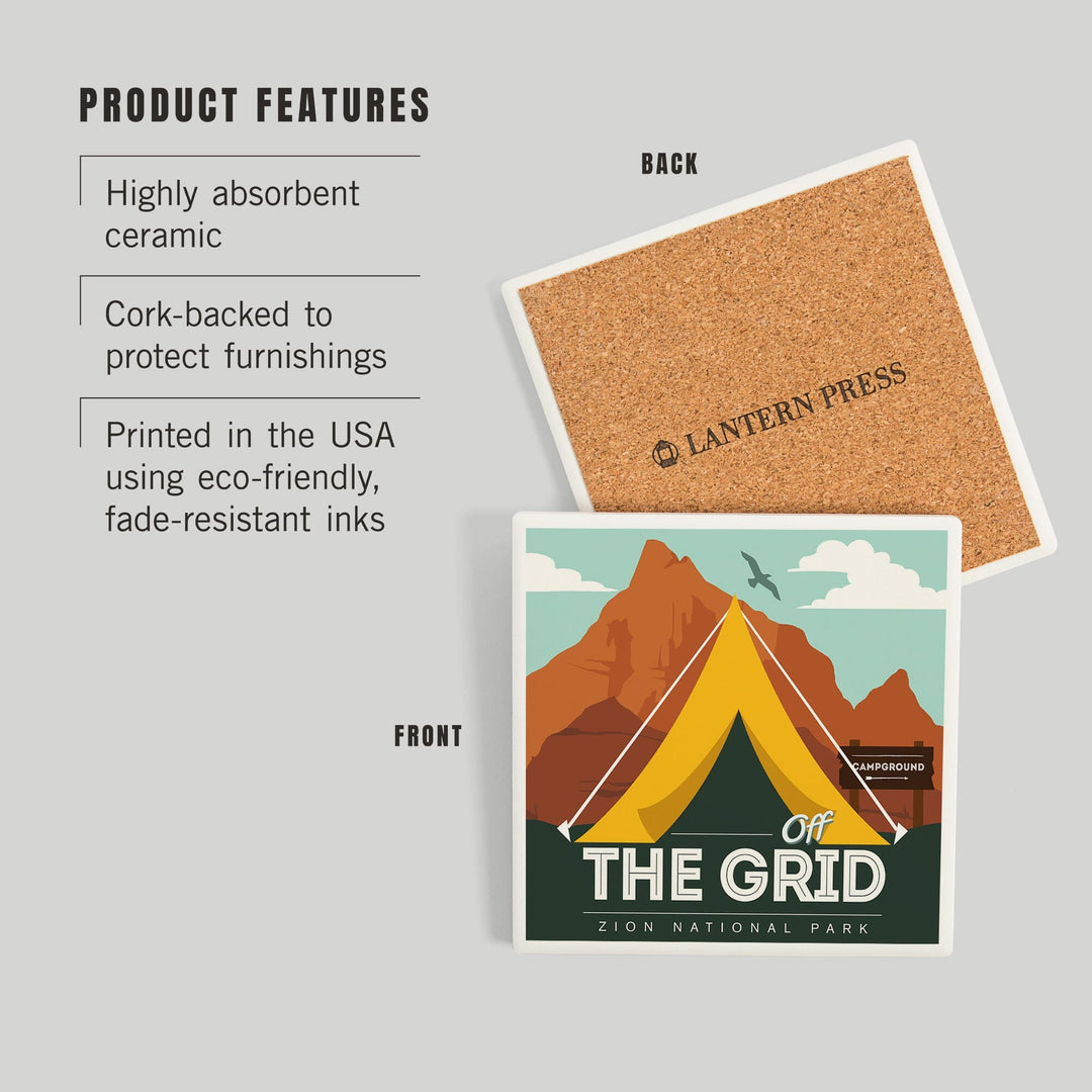 Zion National Park, Utah, Off the Grid, Tent, Coasters Coasters Lantern Press 