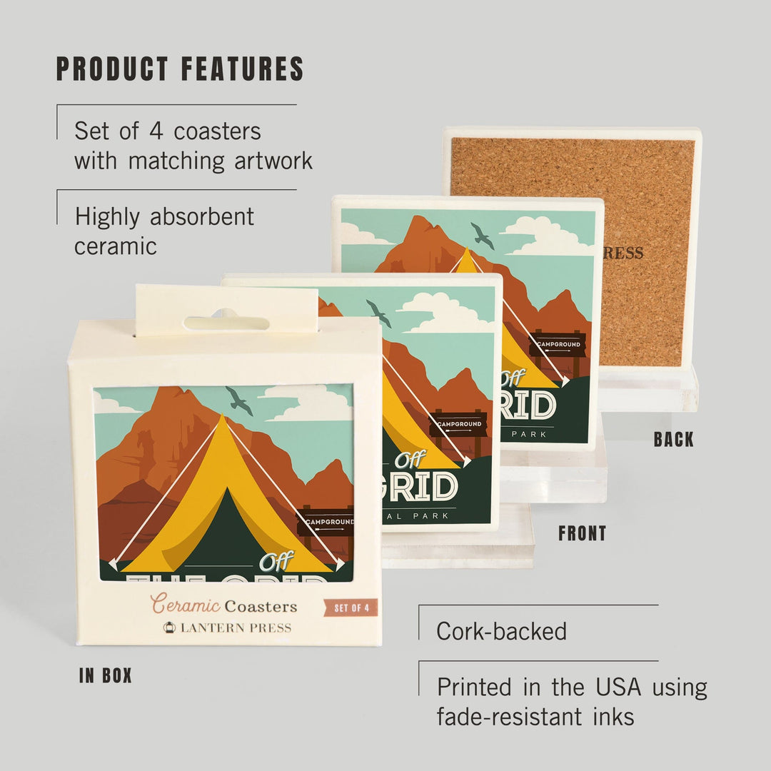 Zion National Park, Utah, Off the Grid, Tent, Lantern Press Artwork, Coaster Set Coasters Lantern Press 