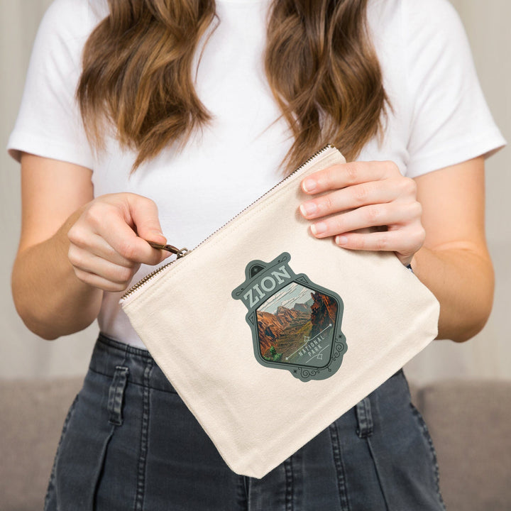 Zion National Park, Utah, Painterly National Park Series,, Organic Cotton Zipper Pouch, Go Bag Totes Lantern Press 