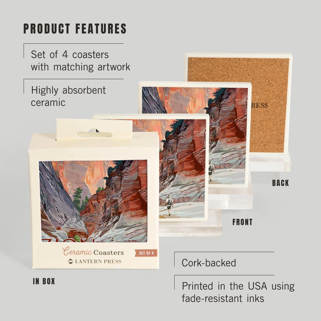 Zion National Park, Utah, Slot Canyon, Illustration, Coasters Coasters Lantern Press 