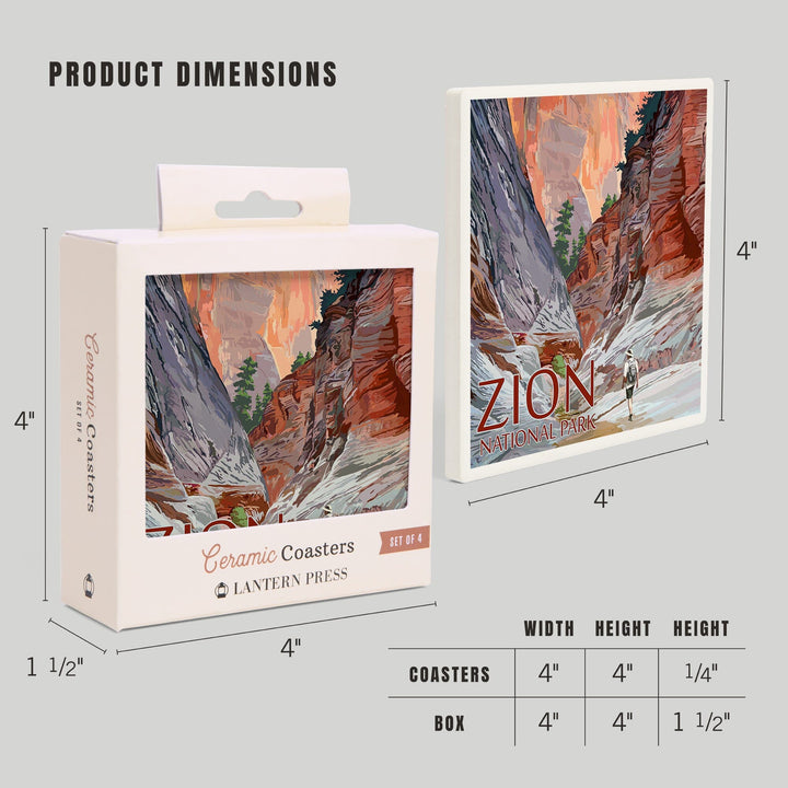 Zion National Park, Utah, Slot Canyon, Lantern Press Artwork, Coaster Set Coasters Lantern Press 