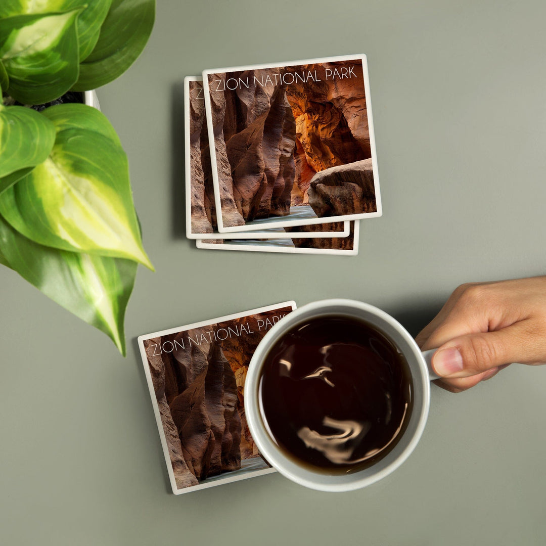 Zion National Park, Utah, Slot Canyon, Lantern Press Photography, Coaster Set Coasters Lantern Press 