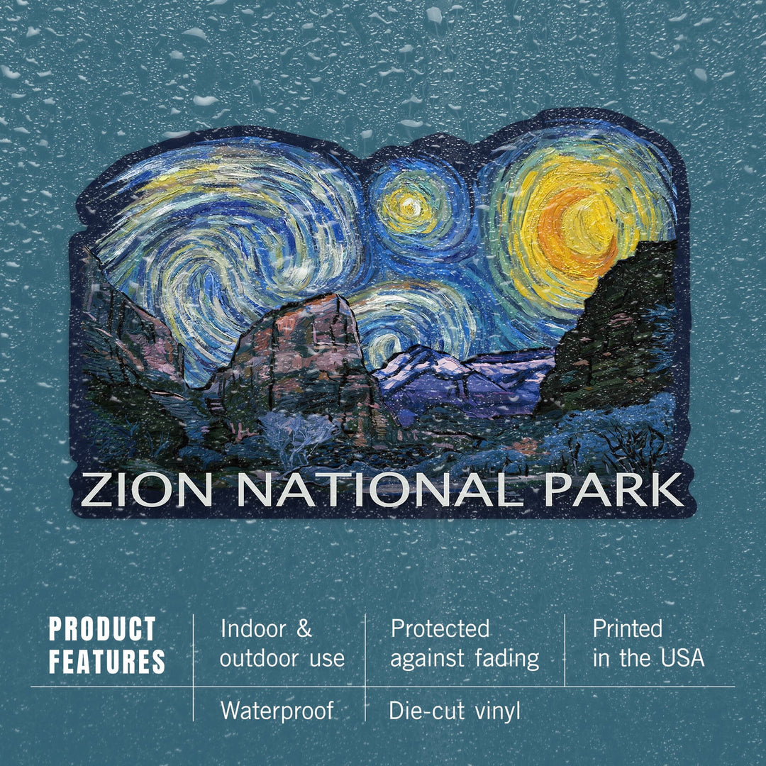 Zion National Park, Utah, Starry Night National Park Series, Contour, Lantern Press Artwork, Vinyl Sticker Sticker Lantern Press 