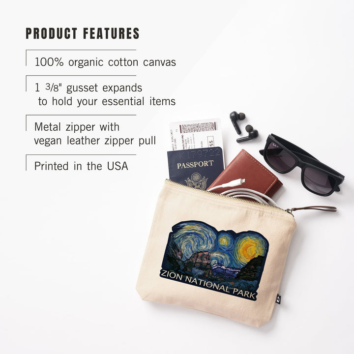 Zion National Park, Utah, Starry Night National Park Series,, Organic Cotton Zipper Pouch, Go Bag Go Bag Lantern Press 