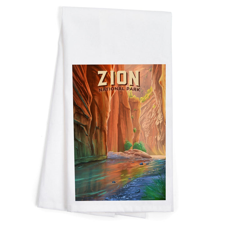 Zion National Park, Utah, The Narrows, Oil Painting, Organic Cotton Kitchen Tea Towels Kitchen Lantern Press 