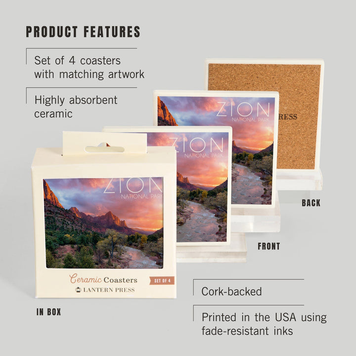 Zion National Park, Utah, The Watchman, Lantern Press Photography, Coaster Set Coasters Lantern Press 