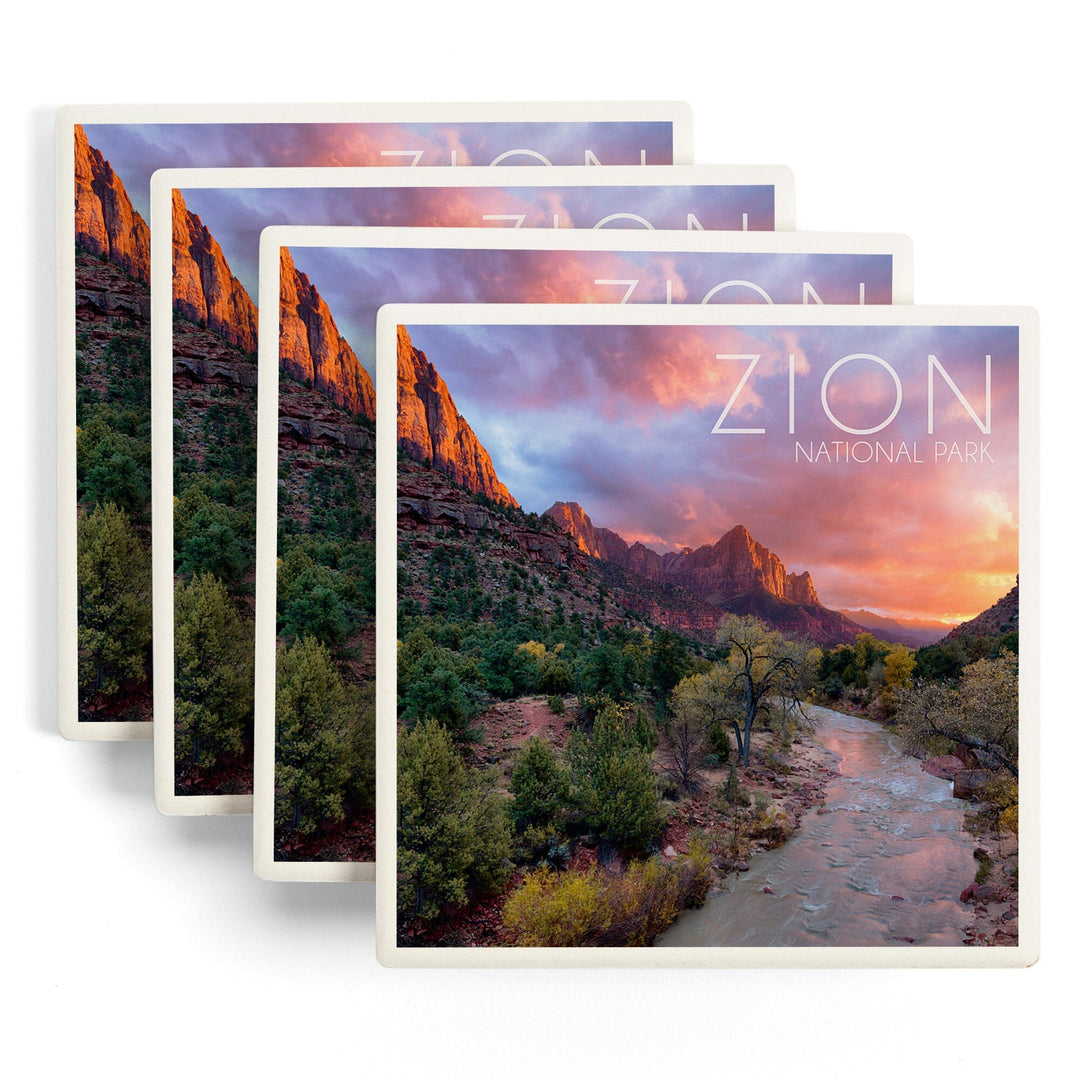 Zion National Park, Utah, The Watchman, Lantern Press Photography, Coaster Set Coasters Lantern Press 