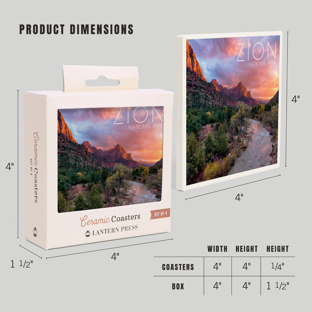 Zion National Park, Utah, The Watchman, Lantern Press Photography, Coaster Set Coasters Lantern Press 