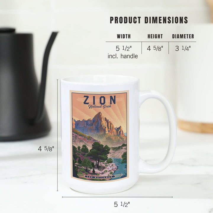 Zion National Park, Utah, The Watchman, Lithograph National Park Series, Ceramic Mug Mugs Lantern Press 