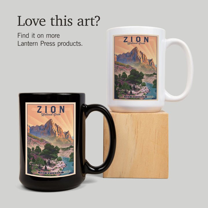 Zion National Park, Utah, The Watchman, Lithograph National Park Series, Ceramic Mug Mugs Lantern Press 