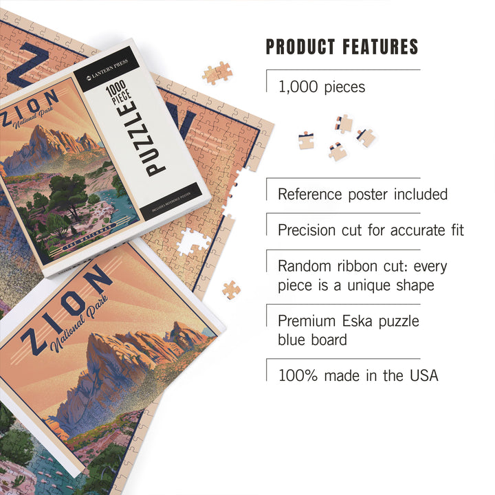 Zion National Park, Utah, The Watchman, Lithograph National Park Series, Jigsaw Puzzle Puzzle Lantern Press 