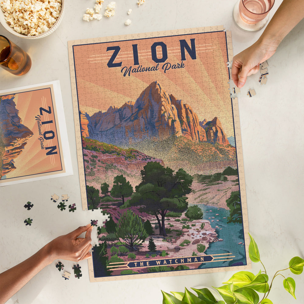 Zion National Park, Utah, The Watchman, Lithograph National Park Series, Jigsaw Puzzle Puzzle Lantern Press 