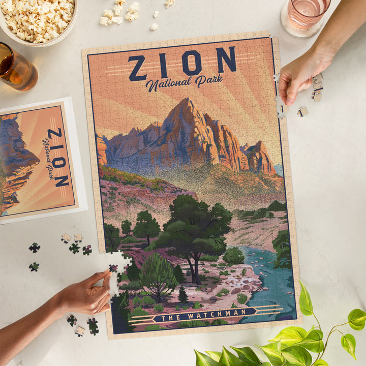 Zion National Park, Utah, The Watchman, Lithograph National Park Series, Jigsaw Puzzle Puzzle Lantern Press 