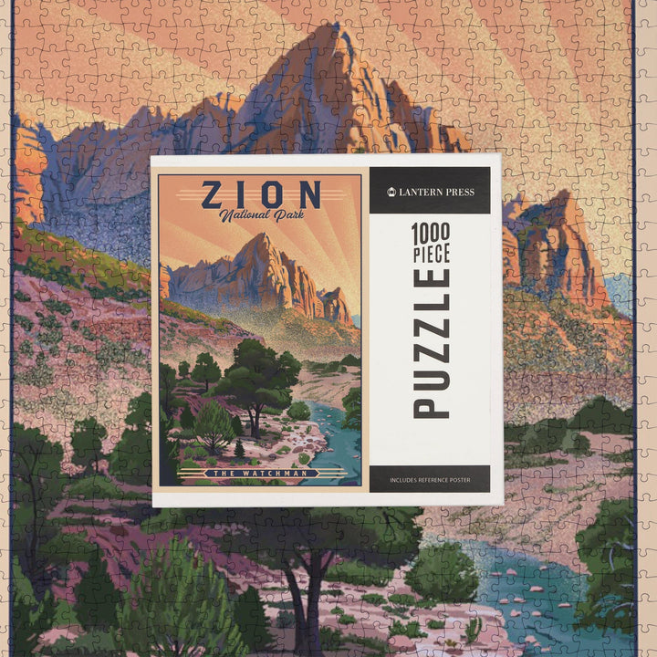 Zion National Park, Utah, The Watchman, Lithograph National Park Series, Jigsaw Puzzle Puzzle Lantern Press 