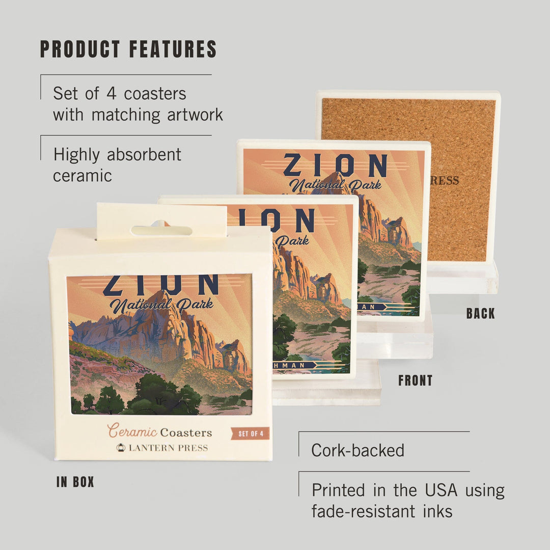 Zion National Park, Utah, The Watchman, Lithograph National Park Series, Lantern Press Artwork, Coaster Set Coasters Lantern Press 