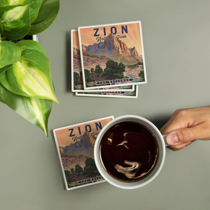 Zion National Park, Utah, The Watchman, Lithograph National Park Series, Lantern Press Artwork, Coaster Set Coasters Lantern Press 