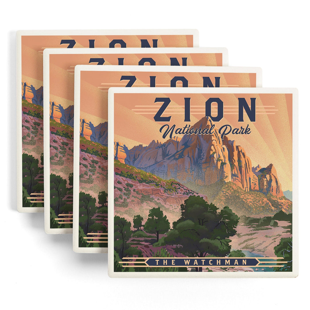 Zion National Park, Utah, The Watchman, Lithograph National Park Series, Lantern Press Artwork, Coaster Set Coasters Lantern Press 