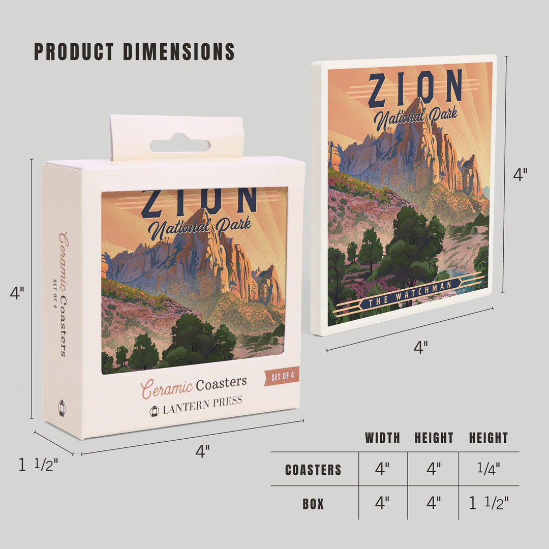 Zion National Park, Utah, The Watchman, Lithograph National Park Series, Lantern Press Artwork, Coaster Set Coasters Lantern Press 