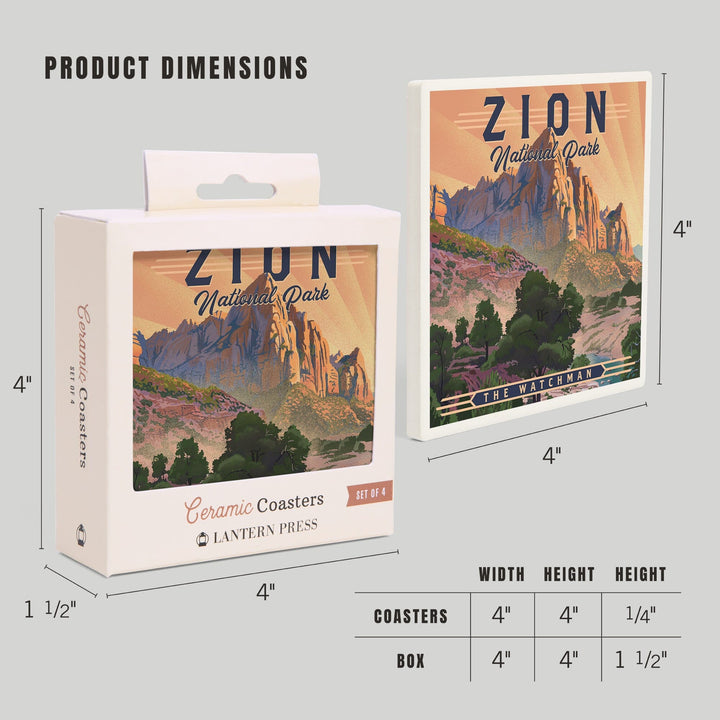 Zion National Park, Utah, The Watchman, Lithograph National Park Series, Lantern Press Artwork, Coaster Set Coasters Lantern Press 