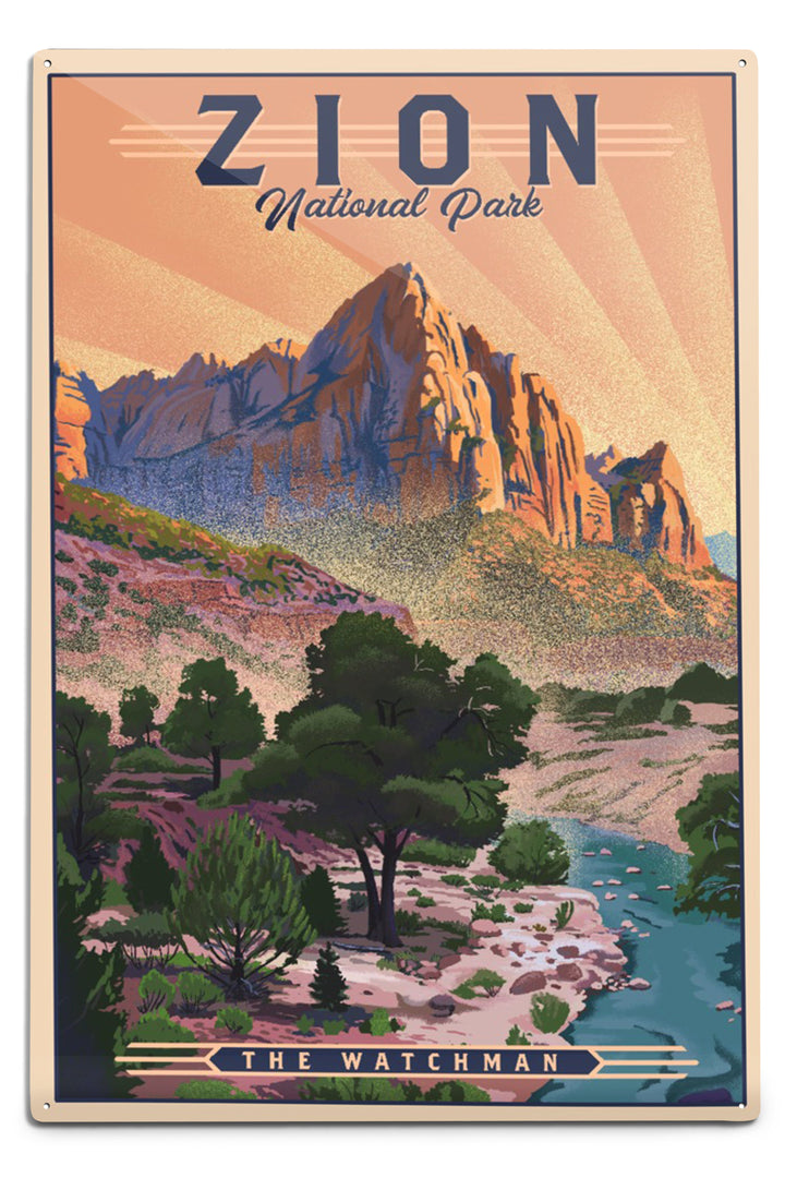 Zion National Park, Utah, The Watchman, Lithograph National Park Series, Metal Signs Metal Lantern Press 12x18 Metal Sign 