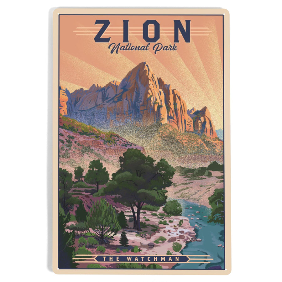 Zion National Park, Utah, The Watchman, Lithograph National Park Series, Metal Signs Metal Lantern Press 