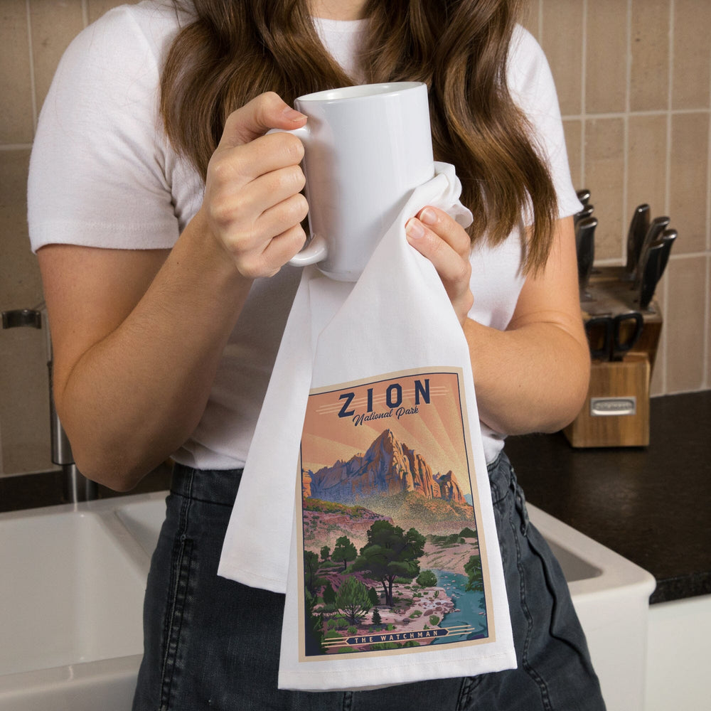 Zion National Park, Utah, The Watchman, Lithograph National Park Series, Organic Cotton Kitchen Tea Towels Kitchen Lantern Press 