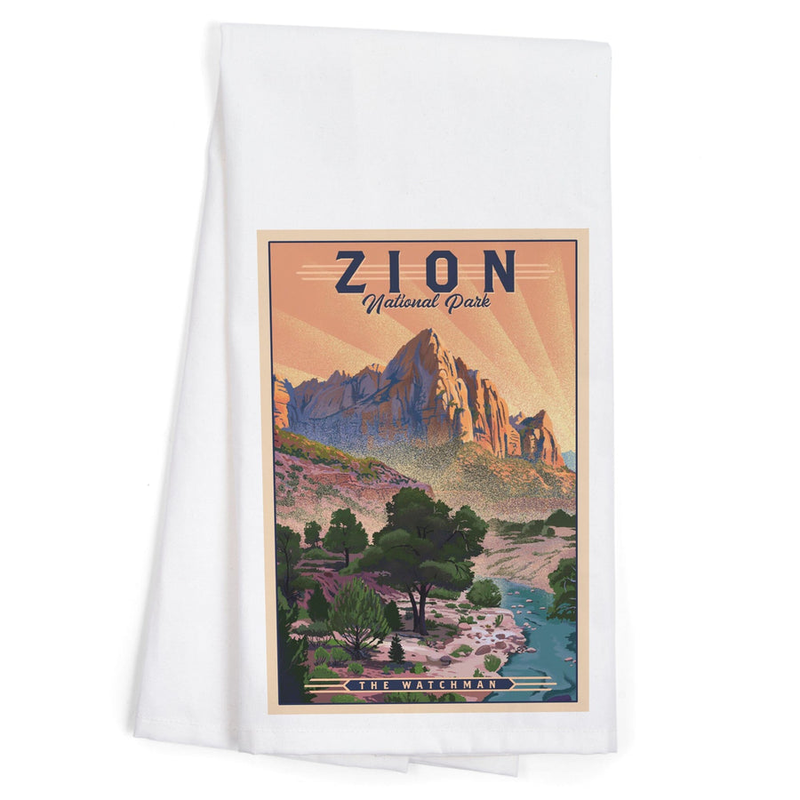 Zion National Park, Utah, The Watchman, Lithograph National Park Series, Organic Cotton Kitchen Tea Towels Kitchen Lantern Press 