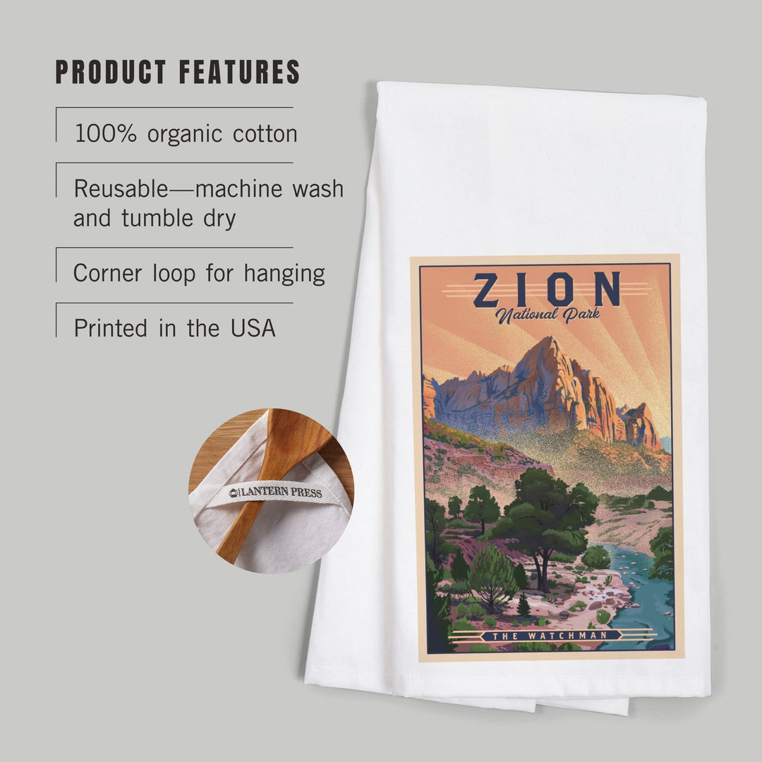Zion National Park, Utah, The Watchman, Lithograph National Park Series, Organic Cotton Kitchen Tea Towels Kitchen Lantern Press 