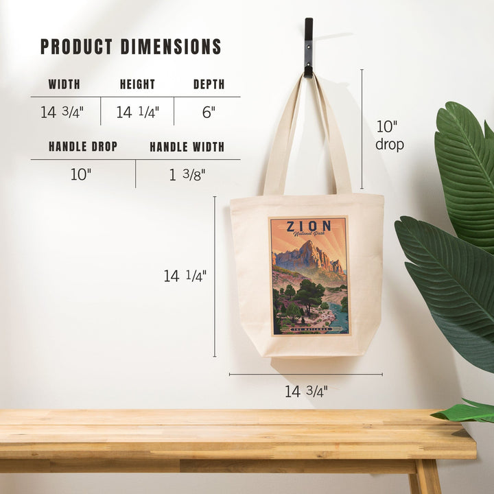 Zion National Park, Utah, The Watchman, Lithograph National Park Series, Tote Bag Totes Lantern Press 