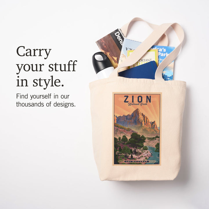Zion National Park, Utah, The Watchman, Lithograph National Park Series, Tote Bag Totes Lantern Press 