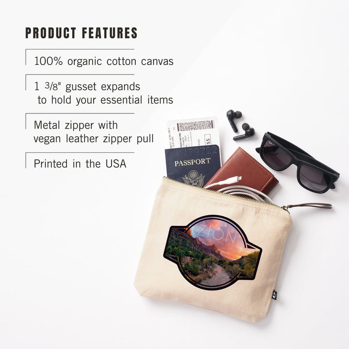 Zion National Park, Utah, The Watchman,, Organic Cotton Zipper Pouch, Go Bag Go Bag Lantern Press 