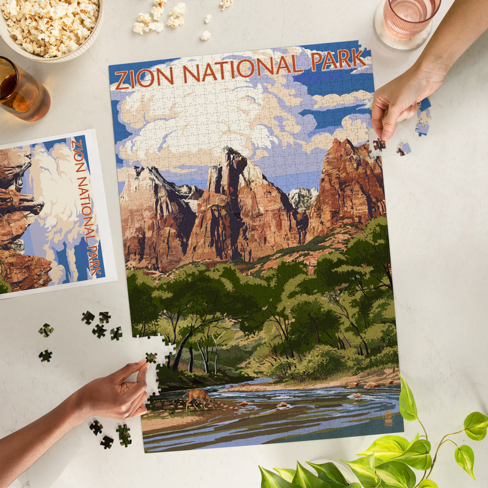 Zion National Park, Utah, Virgin River and Peaks, Jigsaw Puzzle Puzzle Lantern Press 