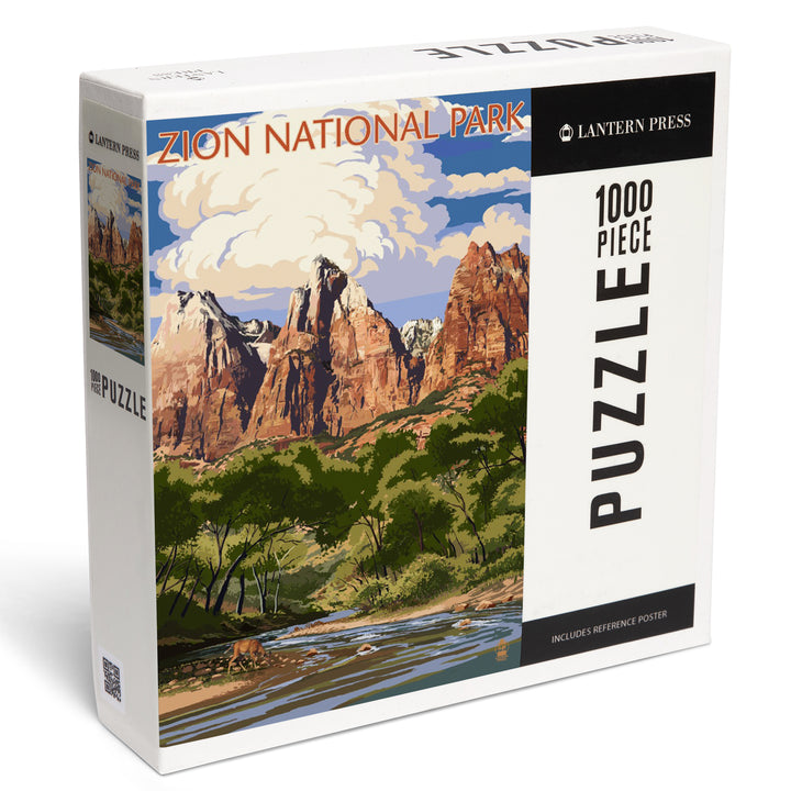 Zion National Park, Utah, Virgin River and Peaks, Jigsaw Puzzle Puzzle Lantern Press 