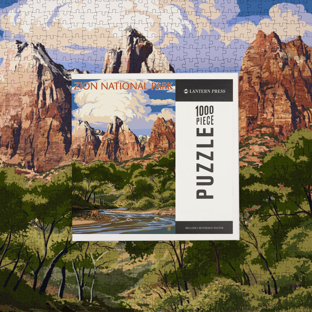 Zion National Park, Utah, Virgin River and Peaks, Jigsaw Puzzle Puzzle Lantern Press 