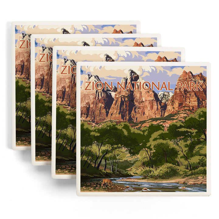 Zion National Park, Utah, Virgin River & Peaks, Lantern Press Artwork, Coaster Set Coasters Lantern Press 