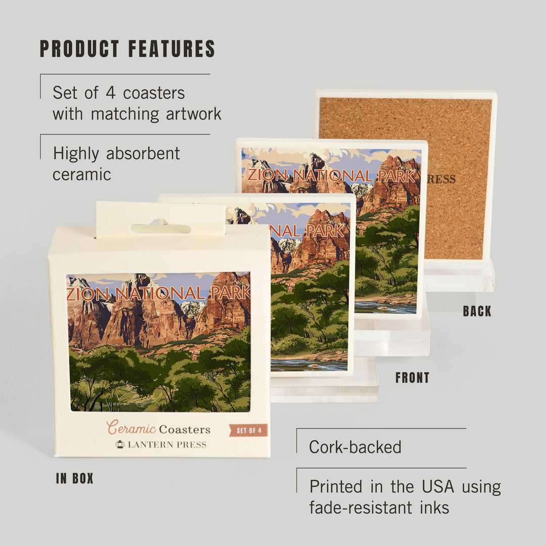 Zion National Park, Utah, Virgin River & Peaks, Lantern Press Artwork, Coaster Set Coasters Lantern Press 