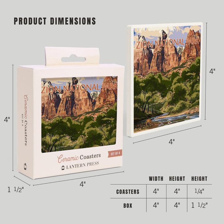 Zion National Park, Utah, Virgin River & Peaks, Lantern Press Artwork, Coaster Set Coasters Lantern Press 