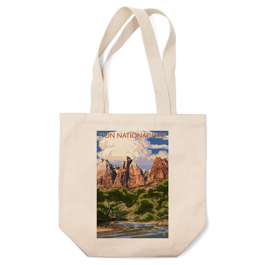 Zion National Park, Utah, Virgin River & Peaks, Lantern Press Artwork, Tote Bag Totes Lantern Press 