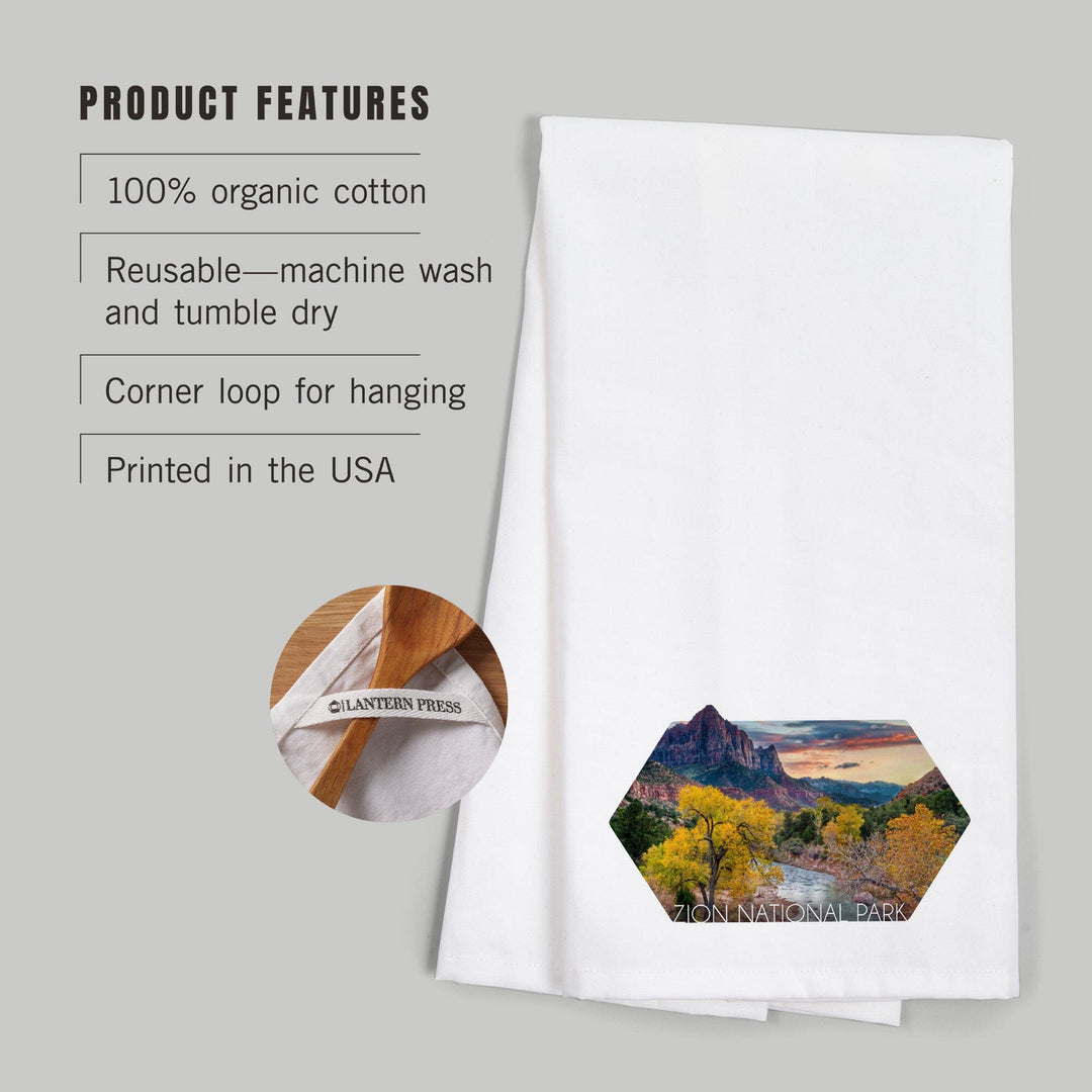 Zion National Park, Utah, Watchman and the Virgin River, Contour, Organic Cotton Kitchen Tea Towels Kitchen Lantern Press 