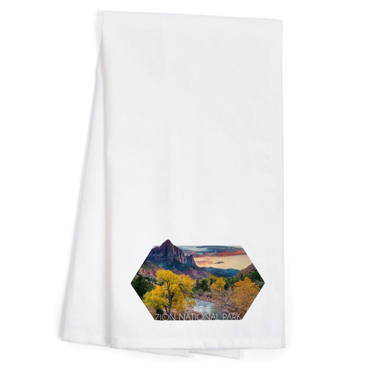 Zion National Park, Utah, Watchman and the Virgin River, Contour, Organic Cotton Kitchen Tea Towels Kitchen Lantern Press 